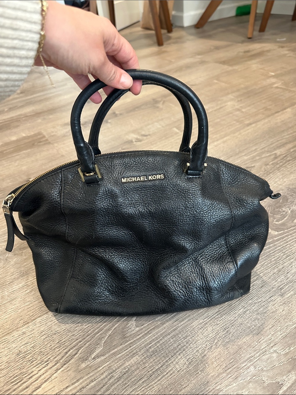 Michael Kors Black Pebbled Leather Satchel with Gold Hardware